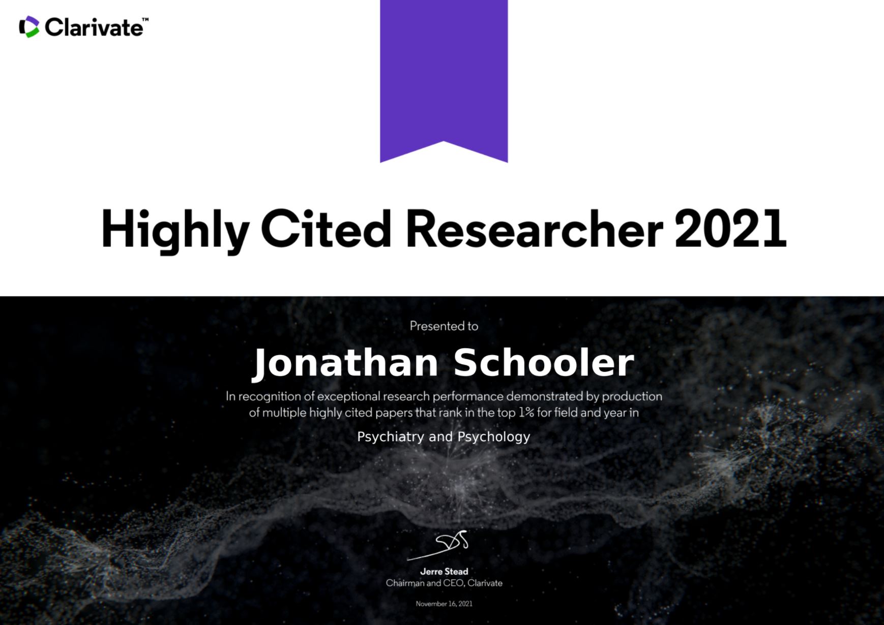 Dr. Schooler on 2021 Highly Cited Researchers List